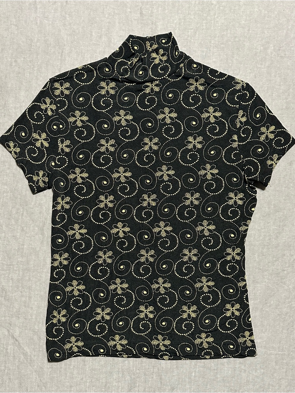 Frazier Lawrence Vintage 90s Mock Neck Top with Gold Swirl Design